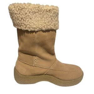 Shearling Suede Mid-Calf Boots Tan Beige Cozy Winter Comfort 9 Womens